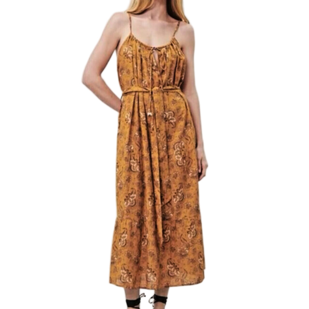 Zara Brownish/Orange Floral Midi Dress Tie Belt V-Neck Spaghetti Straps Women XS